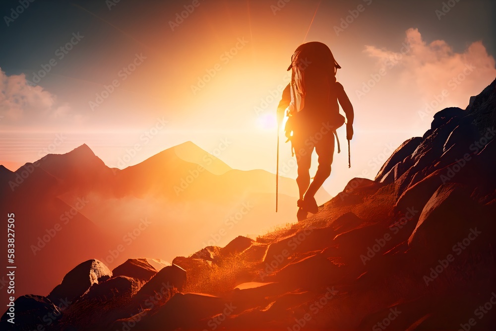 Hiker goes against sky and sun. Hiking concept. backside photo of a Hiker facing the mountain, Generative AI