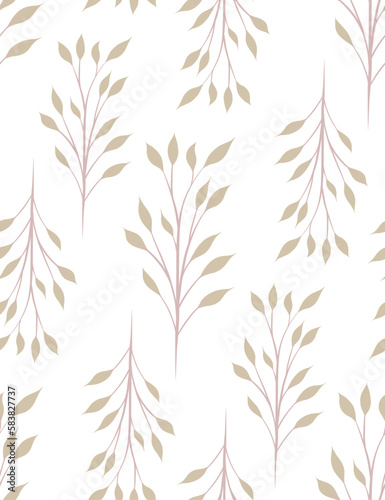 Vector simple seamless pattern with branches with foliage. Flat texture with stems and leaves on a white background. Botanical background