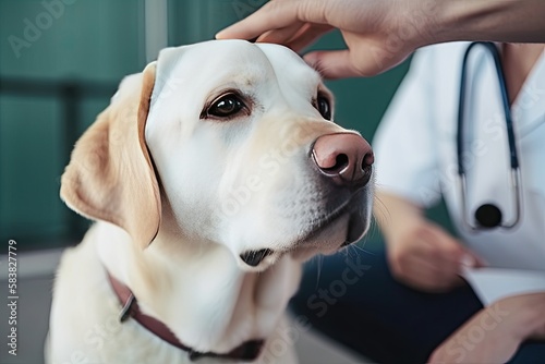 Beautiful dog at the vet. Doctor's examination, close-up. Generative AI