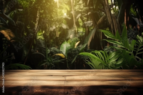 Background. Wooden surface on the background of palm leaves and jungle. AI generative.