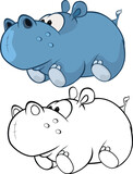 Vector Illustration of a Cute Cartoon Character Hippo for you Design and Computer Game. Coloring Book Outline Set