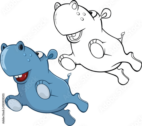 Vector Illustration of a Cute Cartoon Character Hippo for you Design and Computer Game. Coloring Book Outline Set