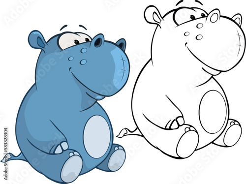 Vector Illustration of a Cute Cartoon Character Hippo for you Design and Computer Game. Coloring Book Outline Set