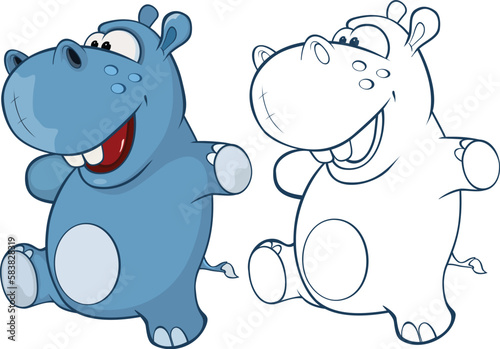 Vector Illustration of a Cute Cartoon Character Hippo for you Design and Computer Game. Coloring Book Outline Set