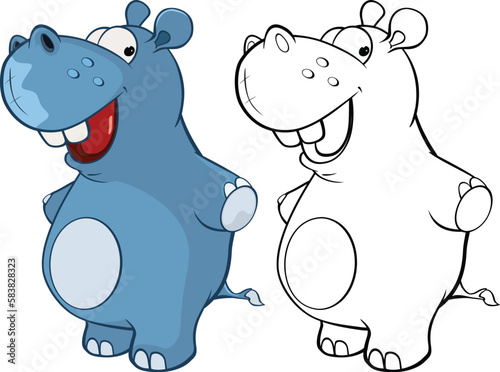 Vector Illustration of a Cute Cartoon Character Hippo for you Design and Computer Game. Coloring Book Outline Set