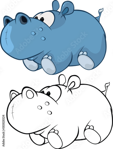 Vector Illustration of a Cute Cartoon Character Hippo for you Design and Computer Game. Coloring Book Outline Set