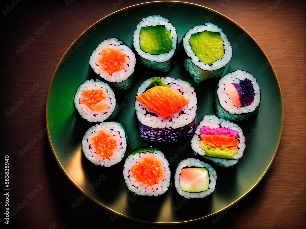 a plate of assorted sushi on a table vivid colors vibrant colors Generative AI 
