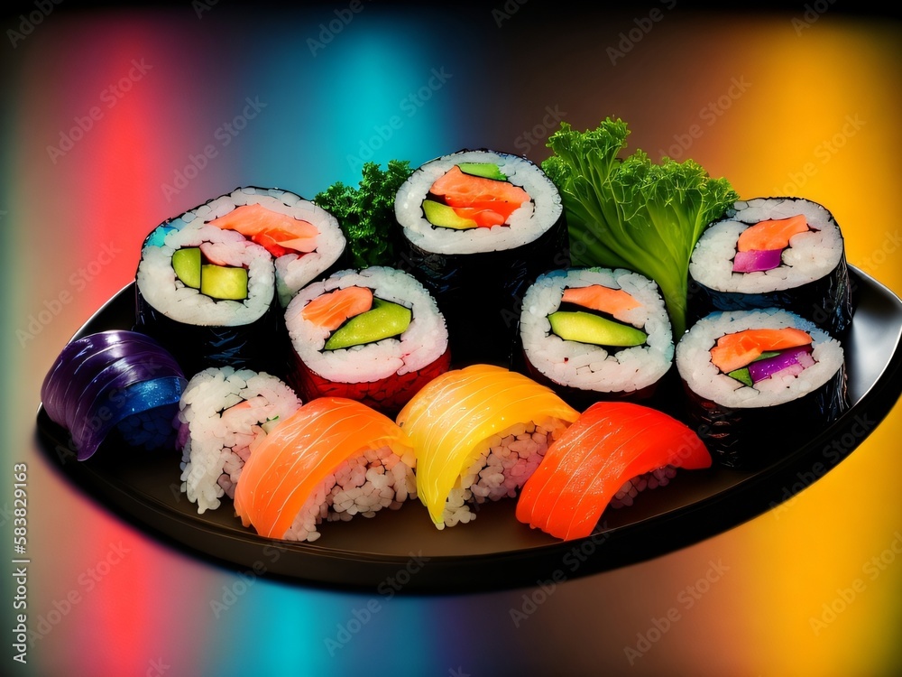 a plate of assorted sushi on a table vivid colors vibrant colors Generative AI
a plate of assorted sushi on a table vivid colors vibrant colors Generative AI