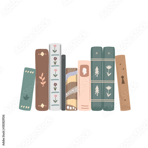 Row of vintage novel and fairy tales books. Standing books composition isolated on white background. Vector illustration