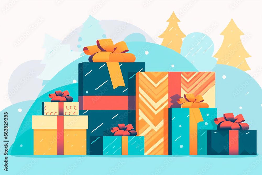 Christmas gifts  wrapping paper bows packages in front of Christmas tree. Generative AI