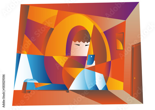 Depressed teenager closed in room like eggshell with smartphone, Hikikomori Syndrome Disease vector illustration photo