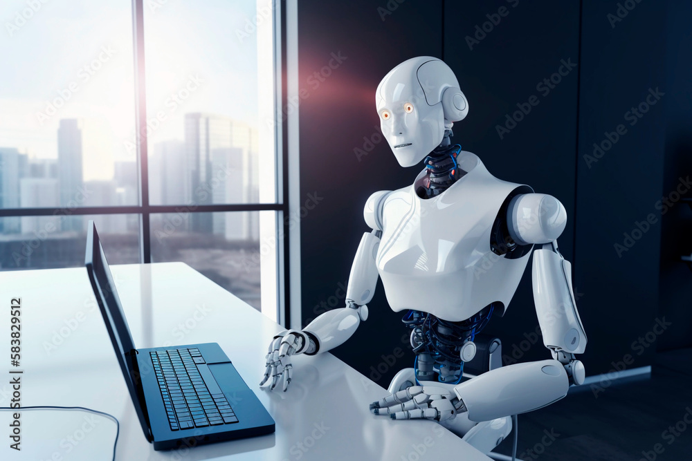 Robot working in a modern office at a desk. Ai artificial intelligence technology at work. Generative ai Robot working in a modern office at a desk. Ai artificial intelligence technology at work. Generative ai
