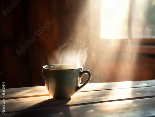 freshly brewed coffee in morning sunlight, steaming cup on vintage wooden table, generative AI 