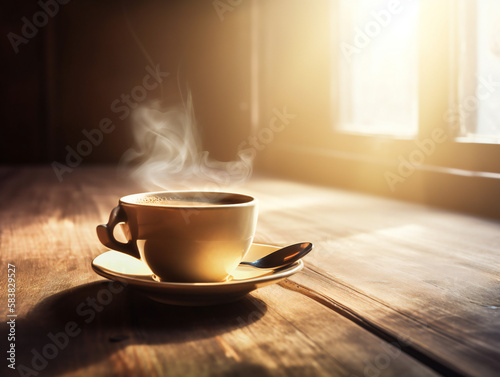 steaming coffee cup in morning light, cozy wooden table setting, breakfast scene, generative AI
