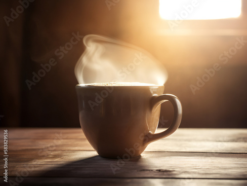 steaming coffee cup in morning light, cozy wooden table setting, breakfast scene, generative AI