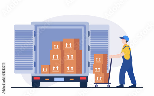 Warehouse Worker loading goods in truck for deliver, Transport logistics.