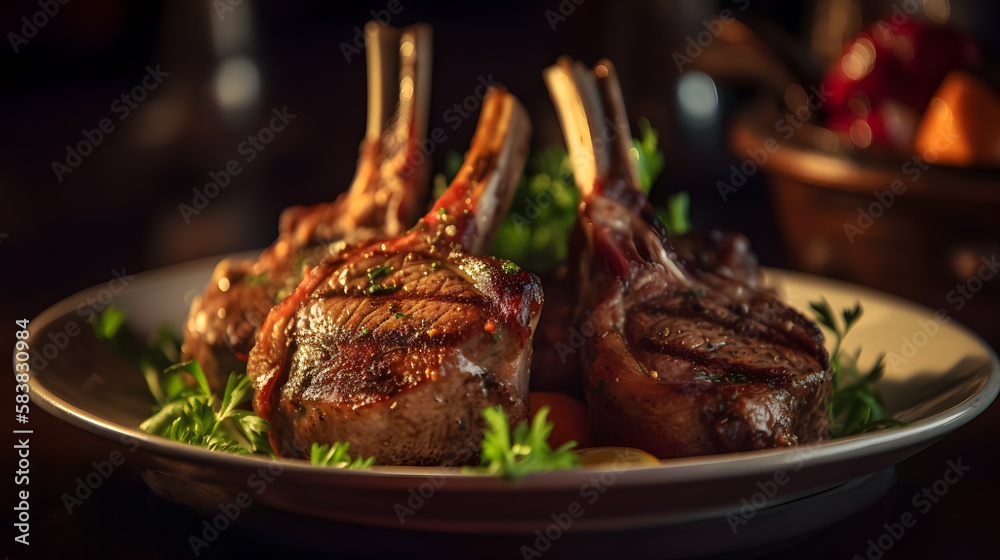 Abstract art. Colorful painting art of an exquisite plate of food. Grilled lamb chops marinated in a flavorful blend of spices. Generative AI. Abstract art. Colorful painting art of an exquisite plate of food. Grilled lamb chops marinated in a flavorful blend of spices. Generative AI.