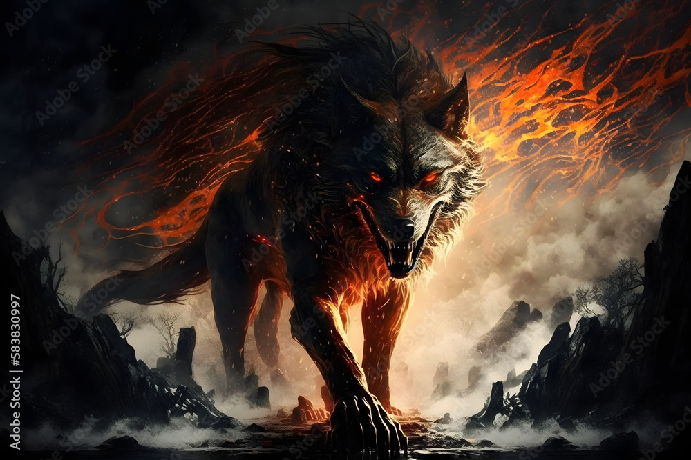 Epic fenrir on fire. Generative AI Stock Illustration | Adobe Stock