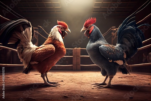 match of two chickens in arena before cockfights, created with generative ai