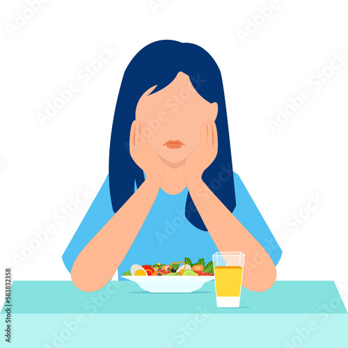 Vector of a sad woman with no appetite for a new diet food
