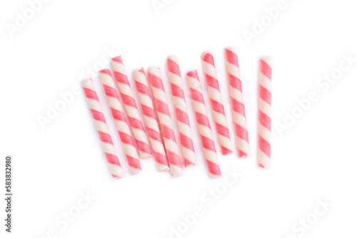 Fototapeta Naklejka Na Ścianę i Meble -  Pink striped wafer stick rolls isolated on white background, Strawberry flavour
