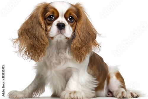 Photo One-year-old cavalier king charles spaniel sitting on white backdrop Generative