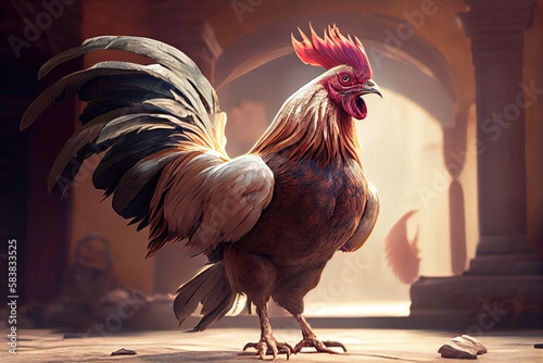 nearer view of rooster that fought in cockfights, created with generative ai photo
