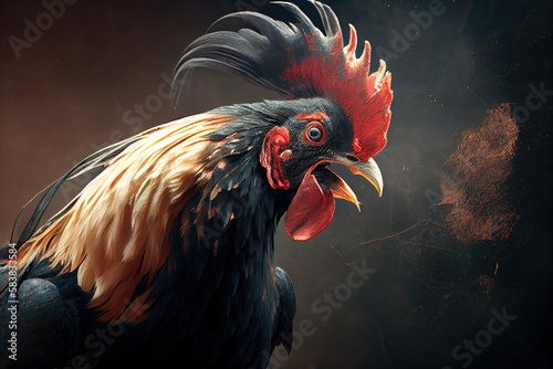 nearer view of rooster that fought in cockfights, created with generative ai photo