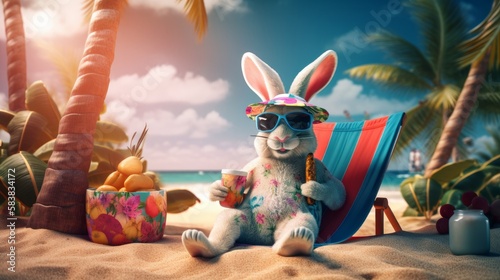 Funny easter bunny sitting in deck chair on beach 
