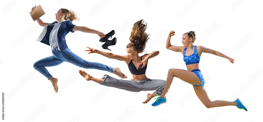 Happy woman workers jumping as a worker, as a dancer and as an athlete isolated PNG background. Active lifestyle concept.