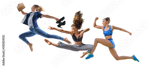Happy woman workers jumping as a worker, as a dancer and as an athlete isolated PNG background. Active lifestyle concept.