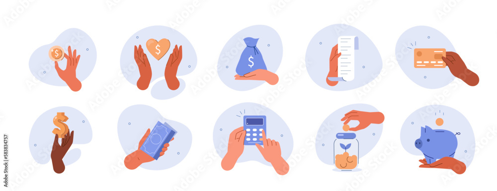 Hand gestures illustration set. Characters hands holding bill, credit card, cash money and other business and finance stuff. Financial activity concept. Vector illustration. - obrazy, fototapety, plakaty 