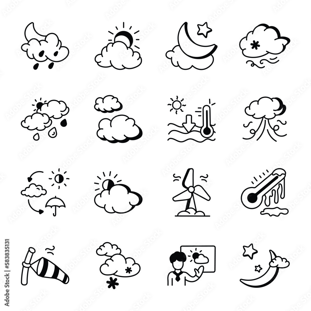 Obraz premium Collection of Sketchy Weather Forecast Icons 