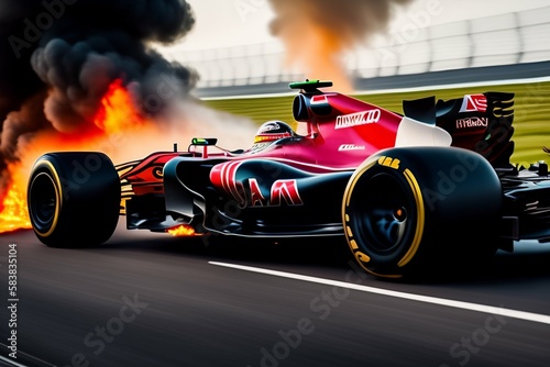 Formula One Race Car on Fire. Generated by AI, Artificial intelligence