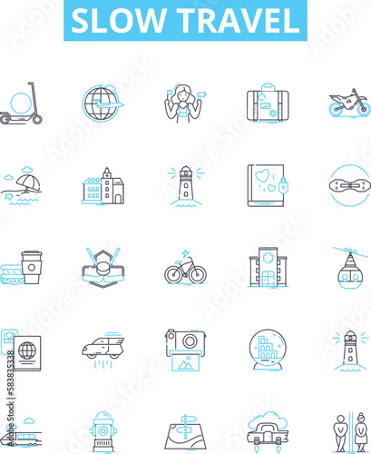Slow travel vector line icons set. Slow, Travel, Sustainable, Ecotourism, Responsible, Community-based, Local illustration outline concept symbols and signs