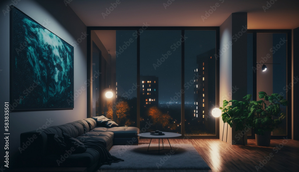 Modern apartment with big windows and abstract art frame interior. Generative Ai. Modern apartment with big windows and abstract art frame interior. Generative Ai.
