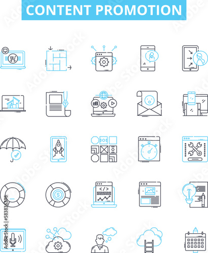 Content promotion vector line icons set. Marketing, Advertising, Publicity, Networking, Distribution, Linkbuilding, Outreach illustration outline concept symbols and signs