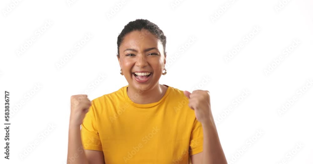 Black woman, fist pump and winning, face and success, happiness or excited about win isolated on white background. Happy female in studio, winner or reward bonus, portrait for celebration achievement Black woman, fist pump and winning, face and success, happiness or excited about win isolated on white background. Happy female in studio, winner or reward bonus, portrait for celebration achievement