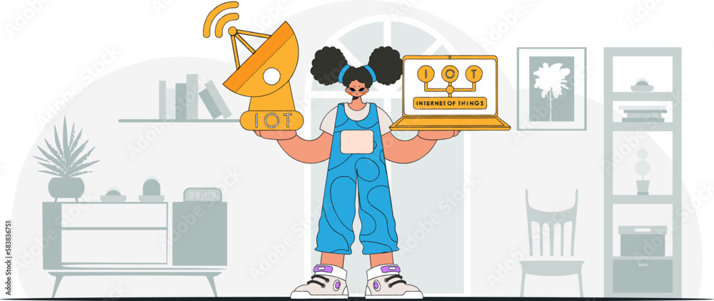 Girl with laptop and dish for Internet of Things . modern vector character style. Girl with laptop and dish for Internet of Things . modern vector character style.