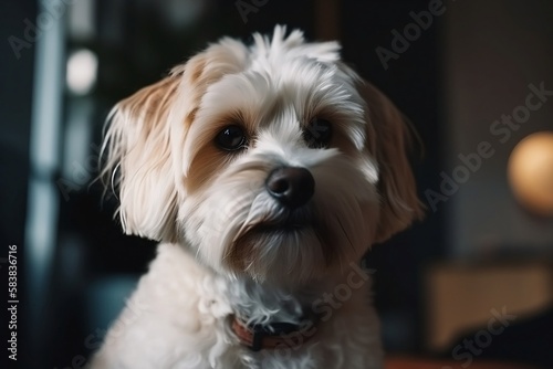 Cute Little Dog Sitting Happily on Background. Closeup Shot