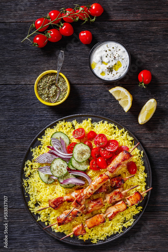 bbq chicken kebabs with saffron rice and veggies