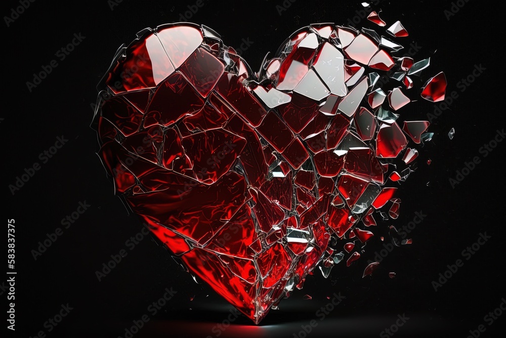 Ruby heart shards over a black backdrop, a symbol of heartbreak ...