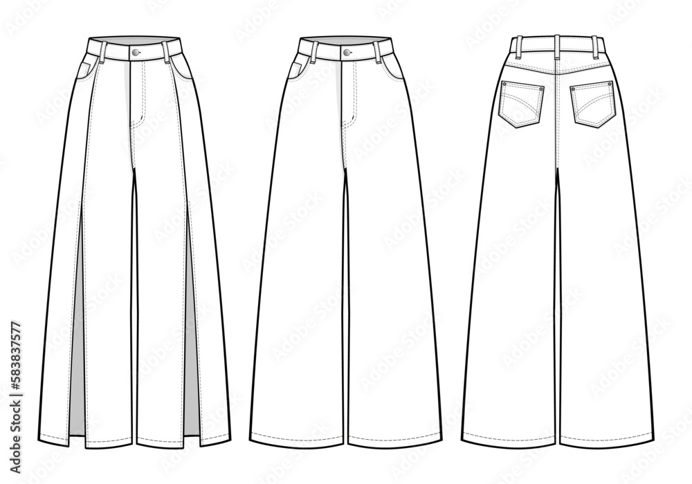 Set of High Rise Flare Jeans fashion flat technical drawing template ...