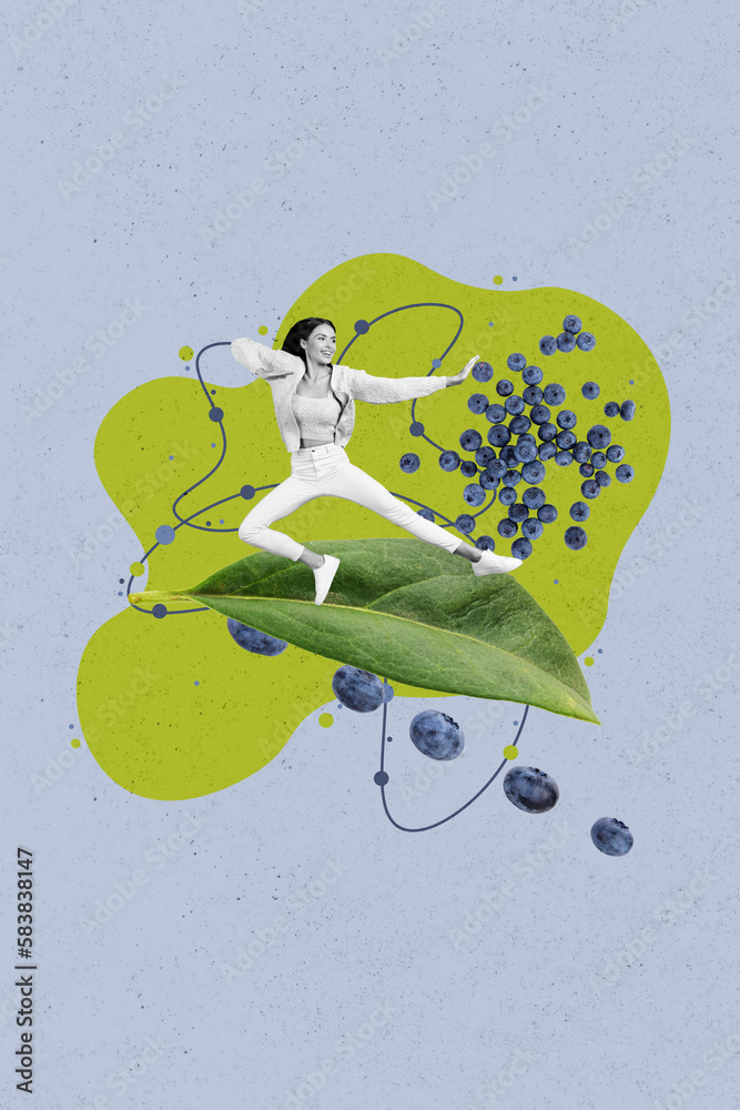 Φωτογραφία Vertical collage picture of excited sporty mini black white gamma girl big green
