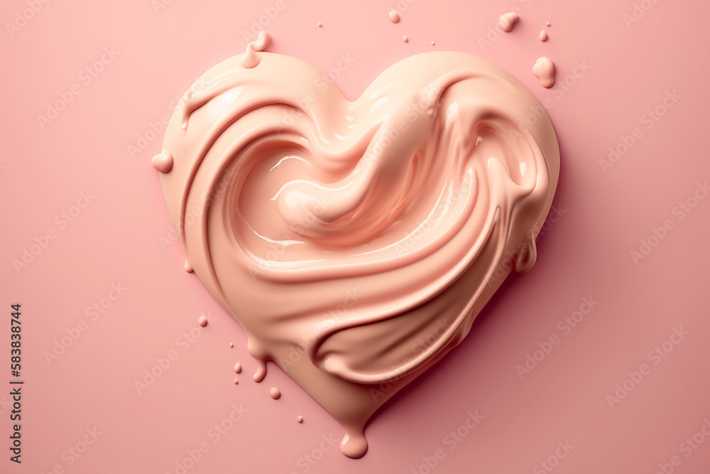 Cosmetic pink heart-shaped face base, liquid spray fluid with bottle pattern on beige background, facial cosmetics presentation on runway, space for text, space for copy. Generative AI.