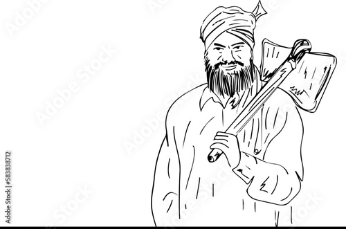 Punjabi Pride: Outline Drawing of a Sikh Farmer, Cultivating the Land: Hand-Drawn Vector of an Indian Farmer, Sketch of a Punjabi Kisan