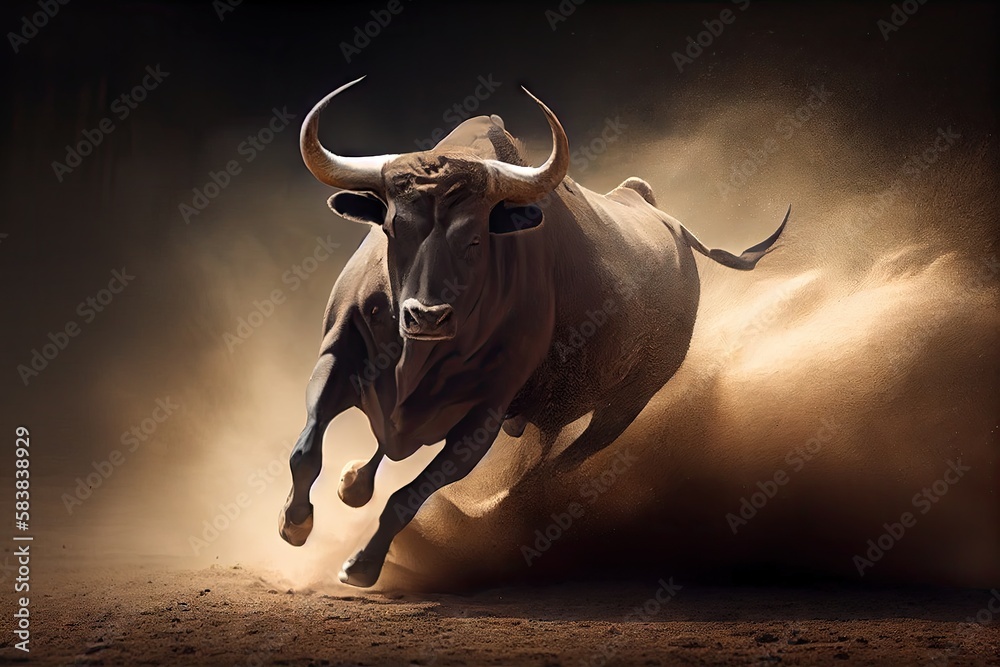 bull, running full speed ahead with its horns down, created with