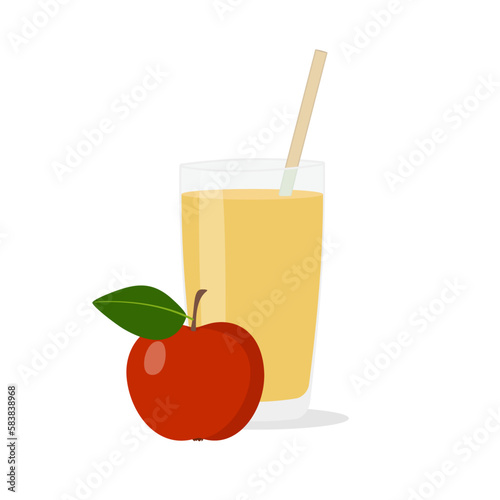 Glasses with fresh delicious apple juice in glass and straw on white background