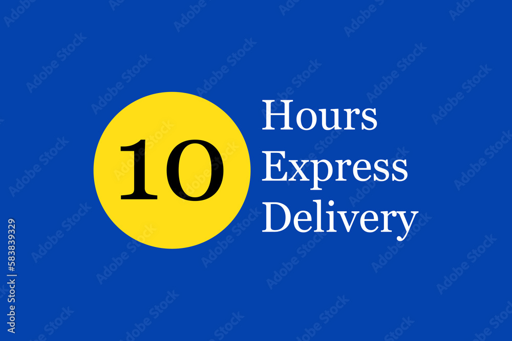 Express delivery text on navy blue background. Fast shipping icon template with 10 hours number in yellow circle. For logo, sticker and label. Express delivery shipping. Fast delivery concept, vector