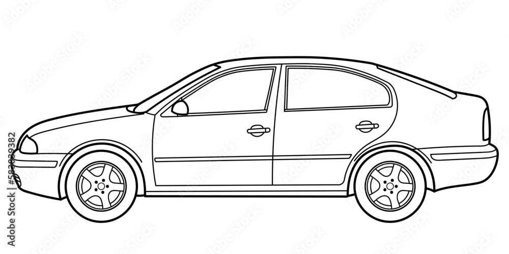 Classic sedan car. 4 door car on white background. Side view shot. Outline doodle vector illustration